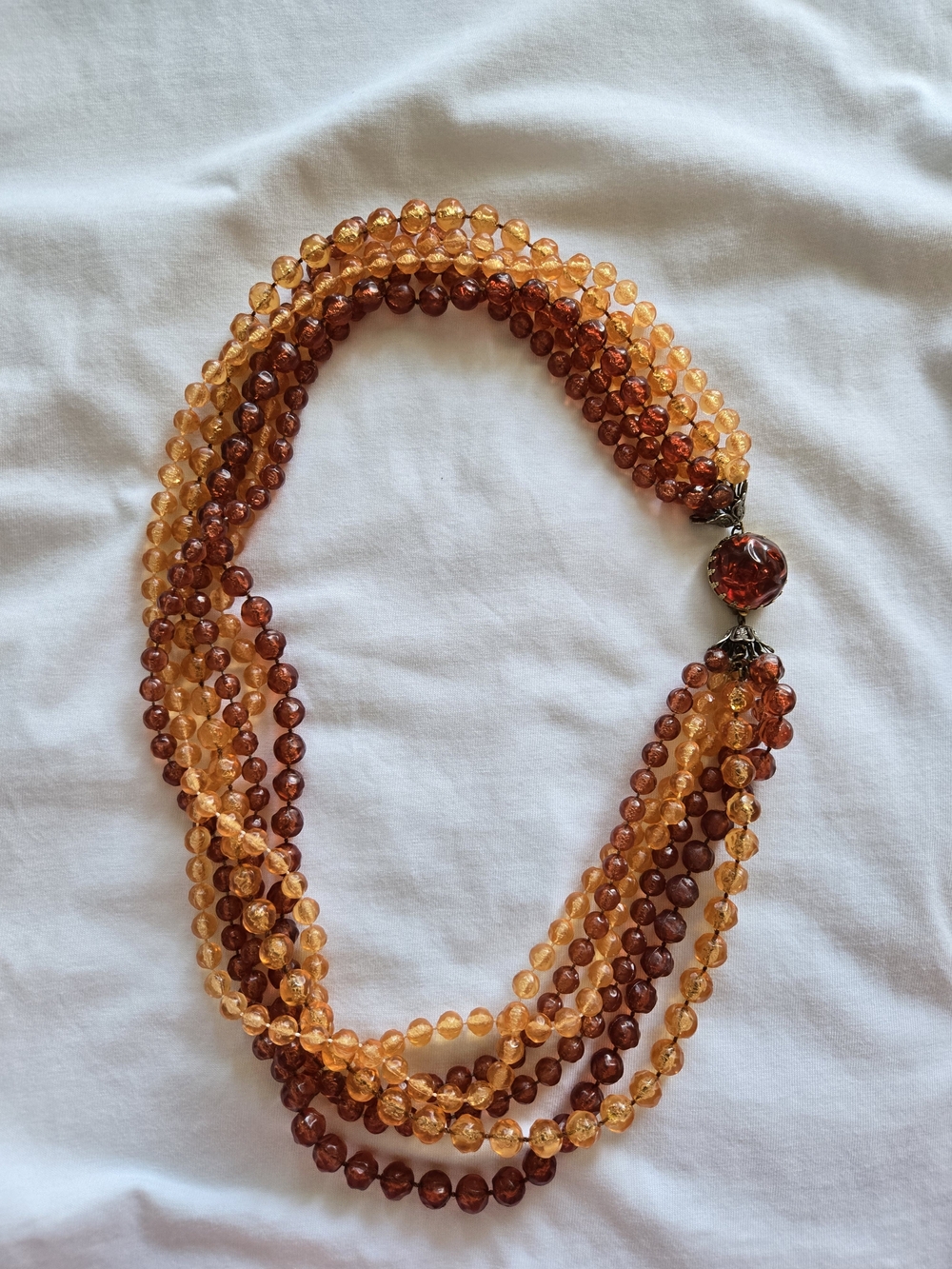 Vintage Multi-Strand Amber Lucite Bead Necklace - Orange/Brown